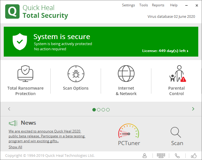 Главное окно Quick Heal Total Security