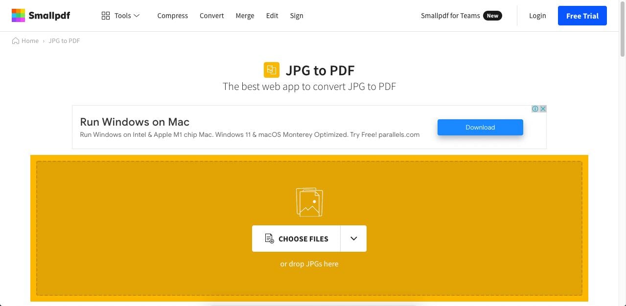 Преобразование JPEG в PDF в Smallpdf