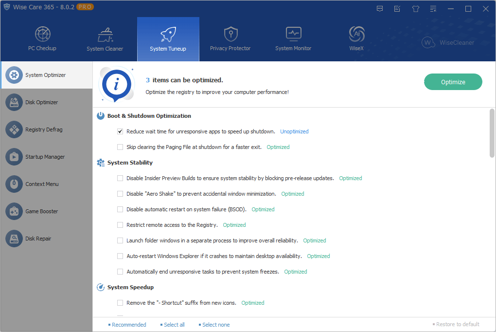 System Optimizer в Wise Care 365: пункты ускорения запуска, выключения и стабильности системы