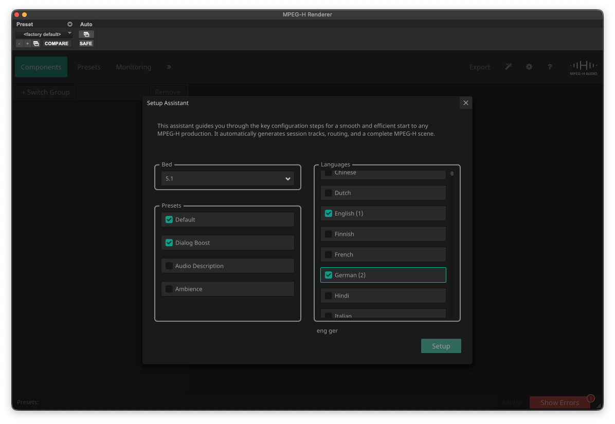 Настройка структуры MPEG-H-сцены в Setup Assistant