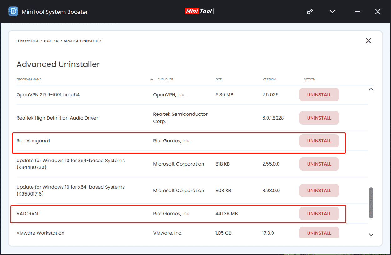 Выбор программы и команда UNINSTALL в MiniTool System Booster