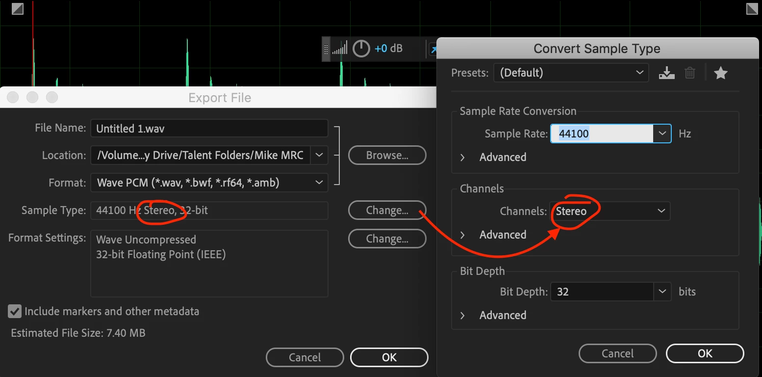 Adobe Audition: Export File с Wave PCM и Sample Type