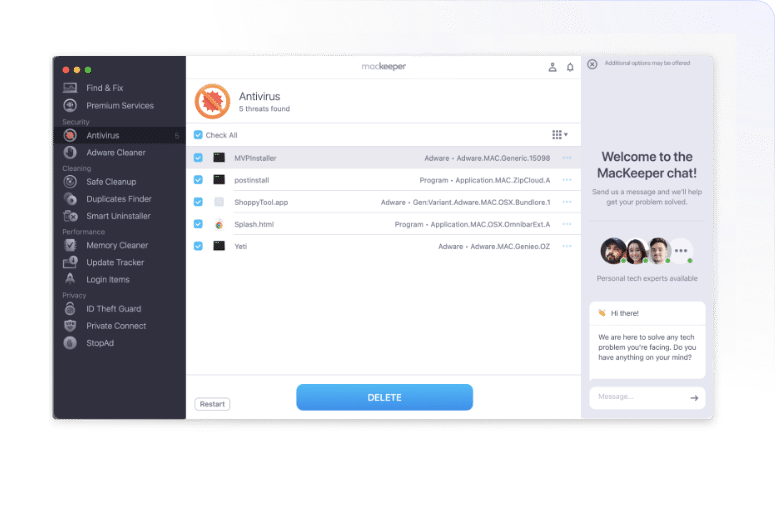 Интерфейс MacKeeper с разделами защиты, очистки и приватности