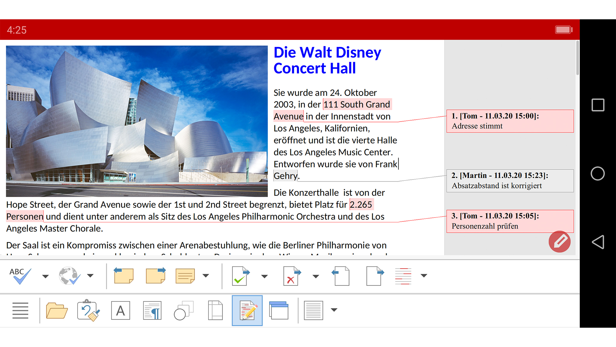 TextMaker на Android: документ с комментариями и мобильной панелью инструментов
