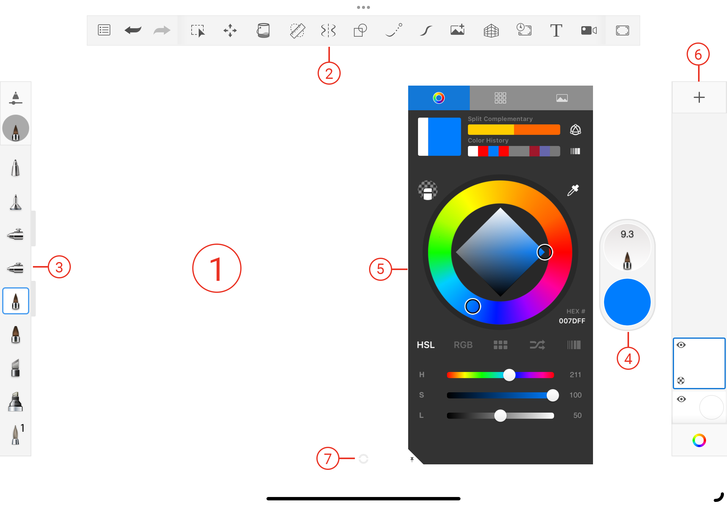 Интерфейс Sketchbook на планшете с Toolbar, Brush Palette, Double Puck, Color Editor и Layer Editor