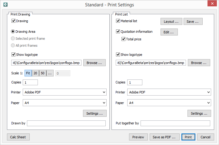 Окно Standard - Print Settings в Configura 9.9.8 с настройками Drawing, Material list, Quotation и Save as PDF