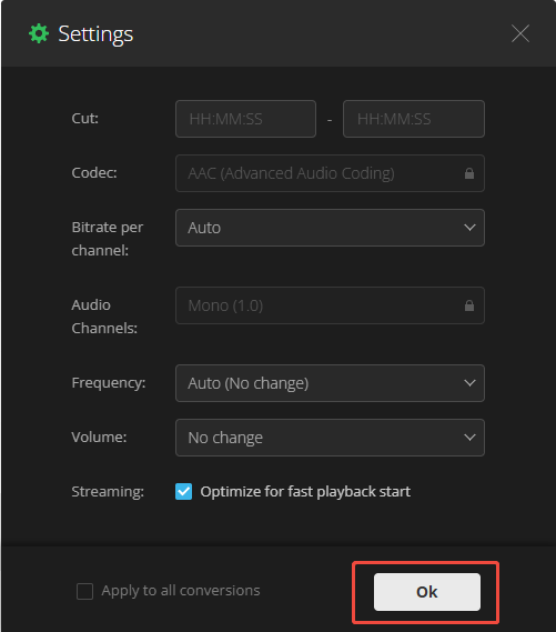 Окно Settings в Convertio с параметрами кодека, каналов и частоты