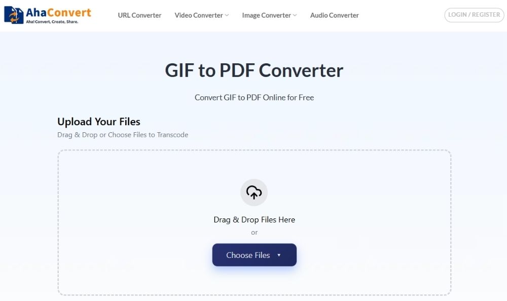 Интерфейс AhaConvert GIF to PDF Converter с областью Choose Files