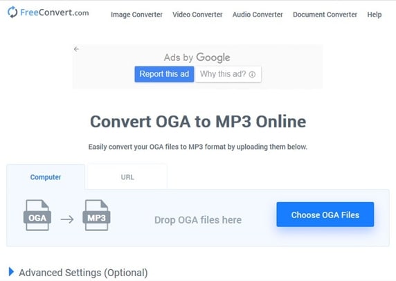 Интерфейс FreeConvert для преобразования OGA в MP3 с кнопкой Choose OGA Files и Advanced Settings