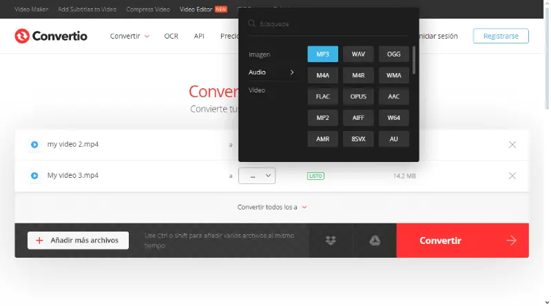 Convertio: список добавленных файлов и меню выбора выходного аудиоформата