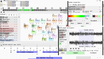 Окно SunVox с Pattern Editor, timeline, модулями и панелью свойств