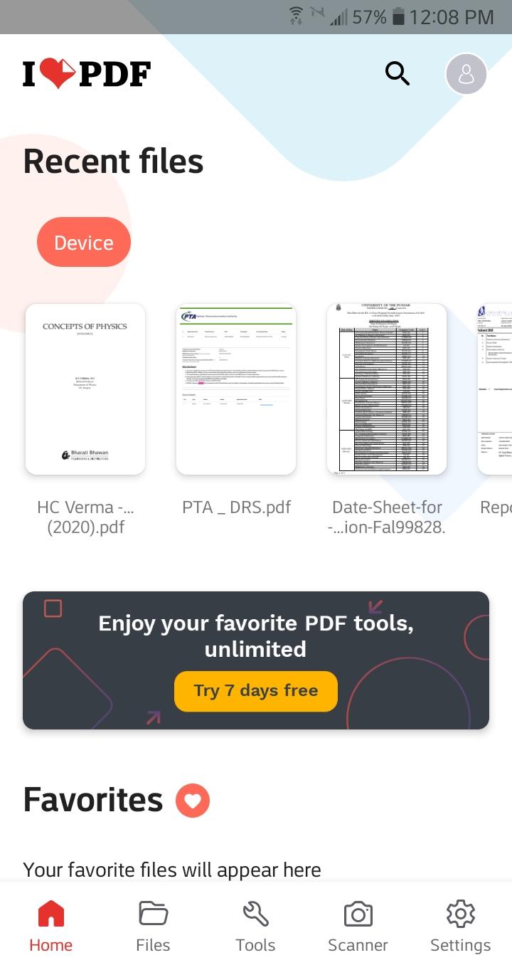 iLovePDF на Android: Recent files, Files, Tools и Scanner