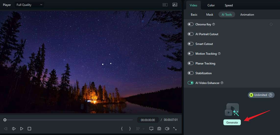 Включение AI Video Enhancer в Filmora