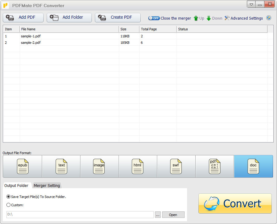 Выбор выходного формата DOC в PDFMate PDF Converter