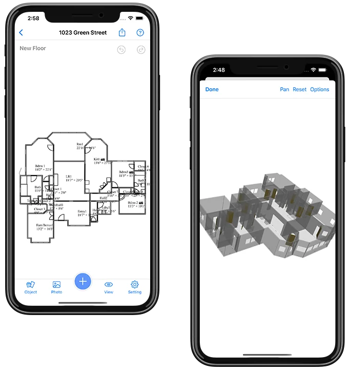 Интерфейс RenoPlan с двухмерным планом помещения и 3D-представлением на iPhone