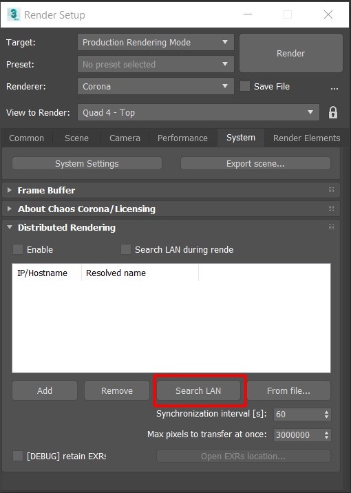 Distributed Rendering Corona в Render Setup 3ds Max с кнопкой Search LAN