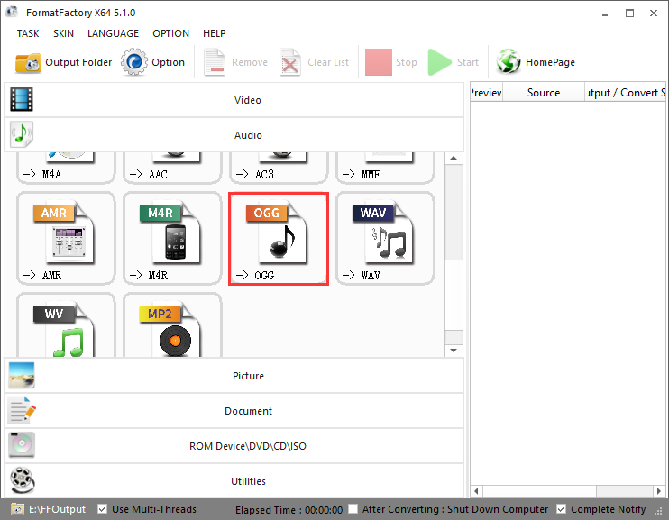 Интерфейс Format Factory с выбранным выходным форматом OGG