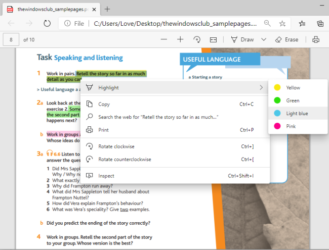 Контекстное выделение текста в PDF через Microsoft Edge