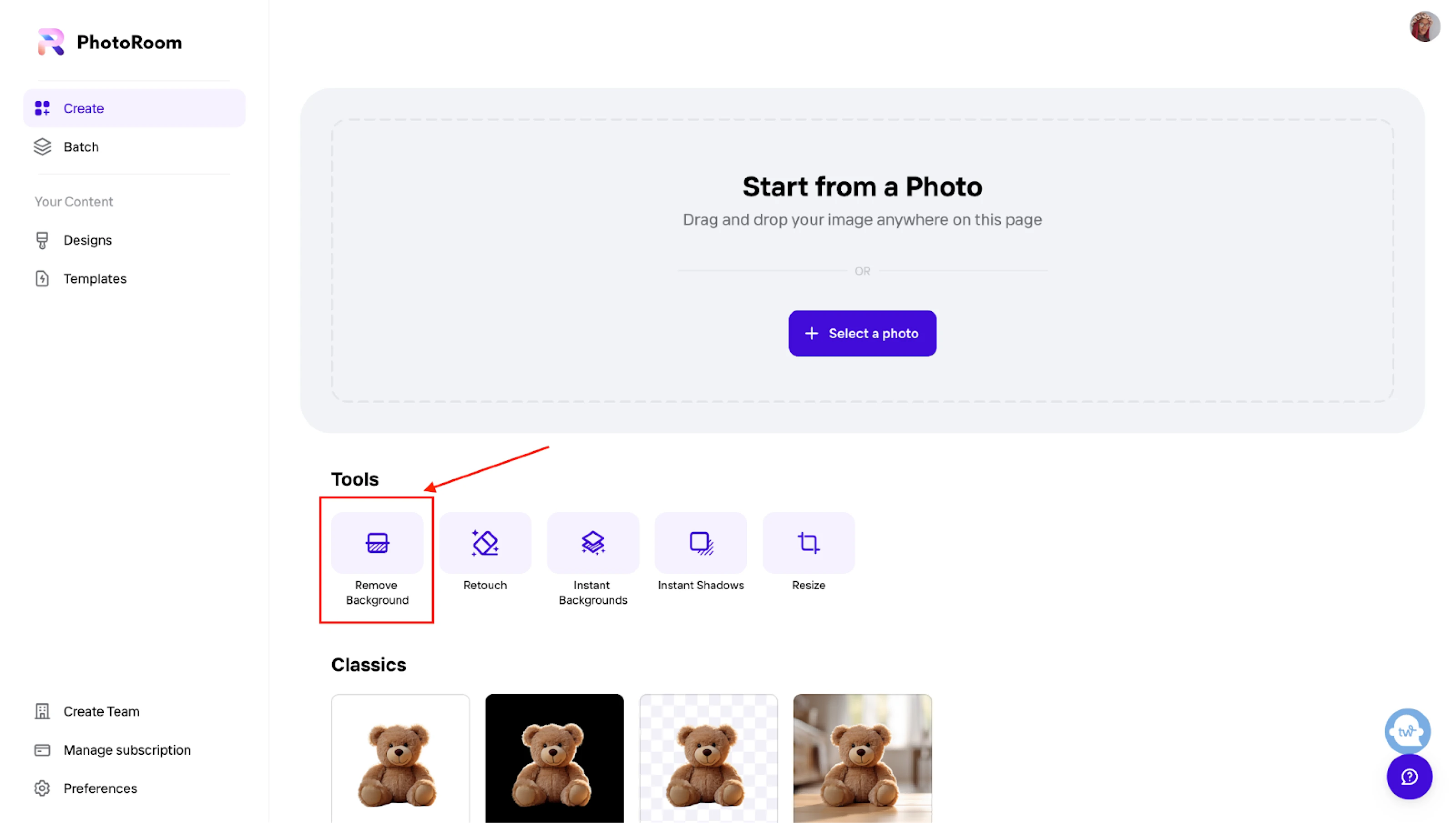 PhotoRoom: рабочий экран с инструментами Remove Background и Instant Backgrounds