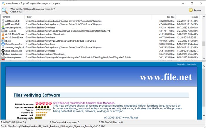 Окно Largest Files Finder со списком крупных файлов