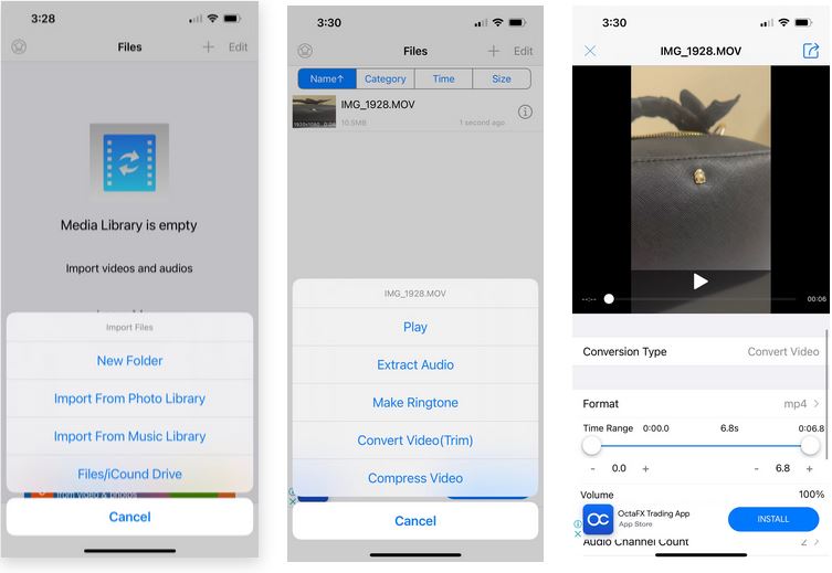 Media Converter на iPhone: импорт MOV и команда Convert Video