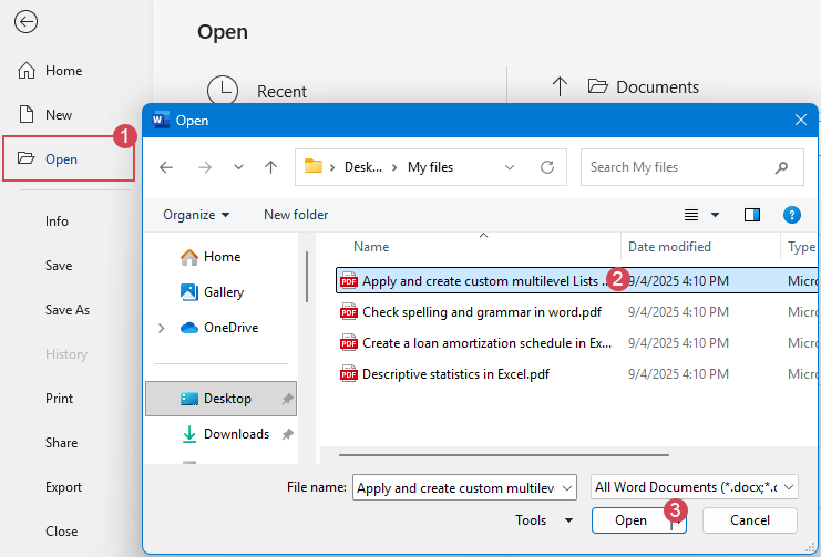 Microsoft Word: File, Open и выбор PDF для преобразования