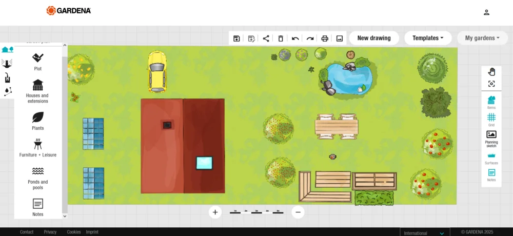 GARDENA myGarden: 2D-план сада с домом, растениями, прудом и мебелью