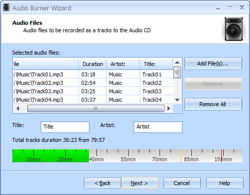 Audio Burner Wizard в StarBurn со списком музыкальных дорожек