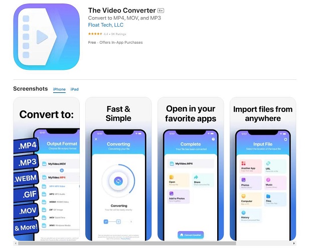 Интерфейс The Video Converter на iPhone с выбором формата и экраном прогресса