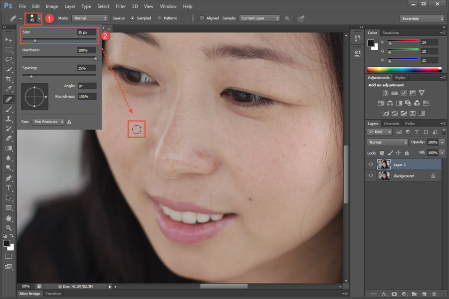 Рабочее окно Adobe Photoshop при ретуши портрета