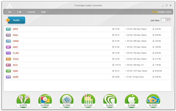 Главное окно Freemake Audio Converter со списком файлов и нижней панелью форматов