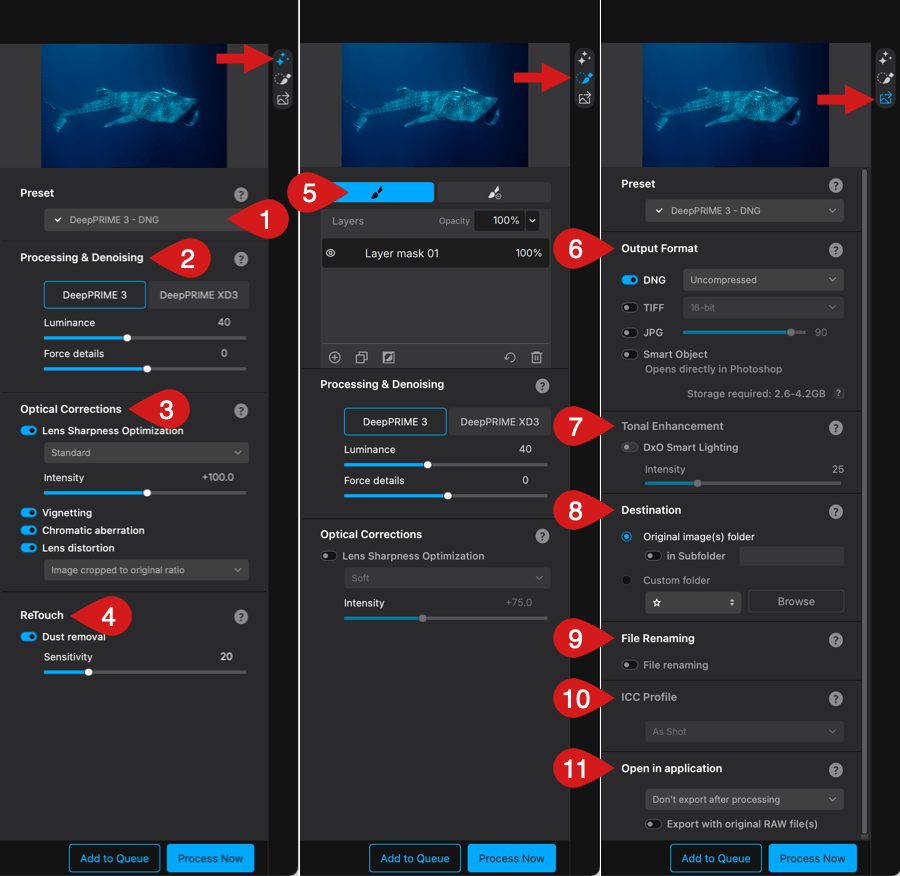Окно Process with Preview в DxO PureRAW для сравнения исходника и обработанного RAW