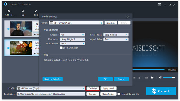 Параметры GIF в Aiseesoft Video to GIF Converter