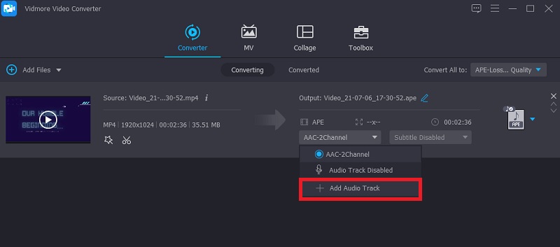 Добавление аудиодорожки в Vidmore Video Converter