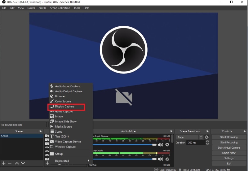 Добавление источника Display Capture в OBS Studio