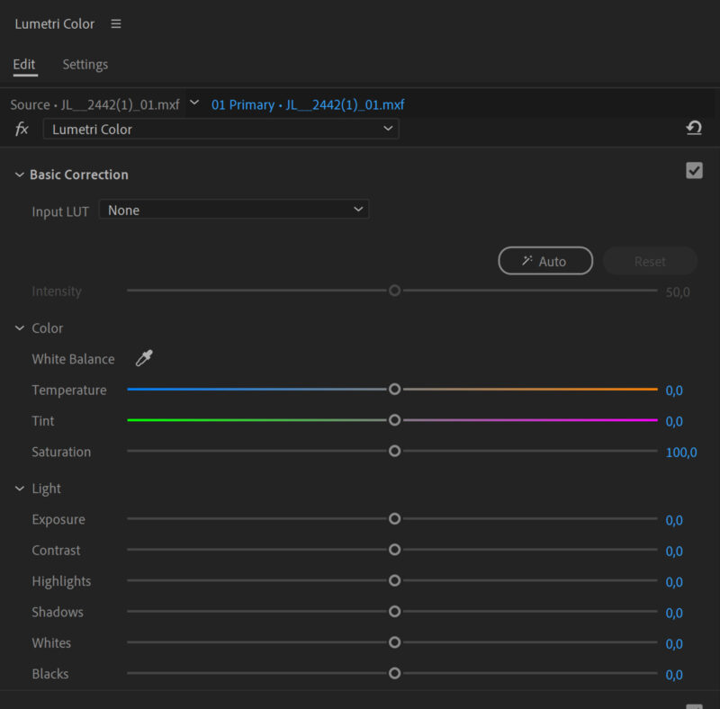 Панель Basic Correction с Exposure Highlights Shadows Whites и Blacks в Adobe Premiere Pro