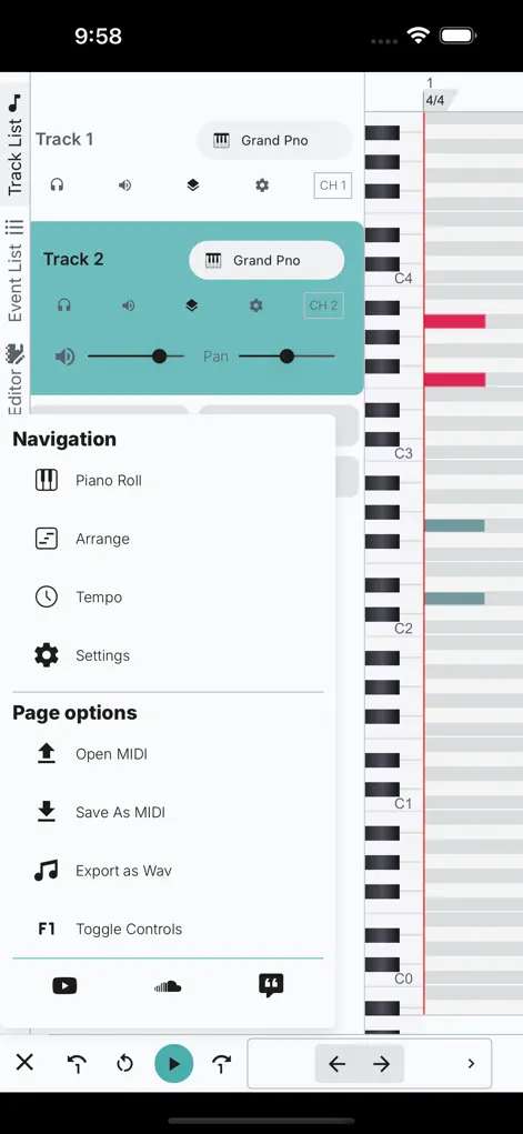 Midify на iPhone: меню редактора с командами Open MIDI, Save As MIDI и Export as Wav