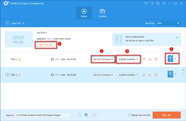 Список титров, аудио и субтитров в AVAide DVD Ripper