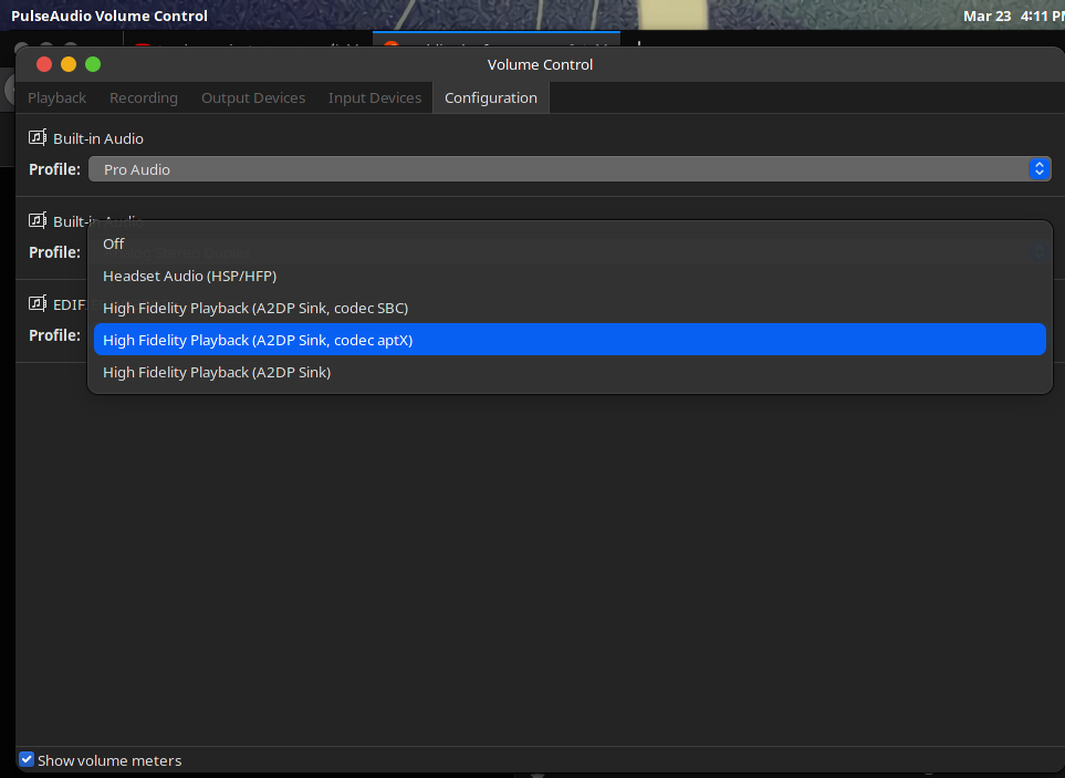 Linux pavucontrol: профиль High Fidelity Playback A2DP Sink codec aptX
