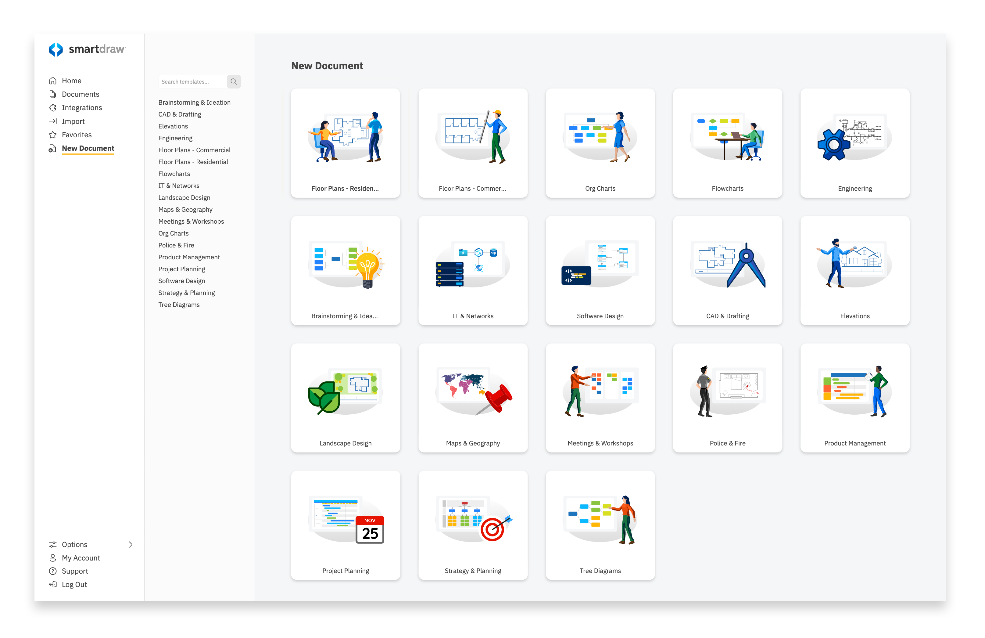 Начальный экран SmartDraw с категориями шаблонов диаграмм