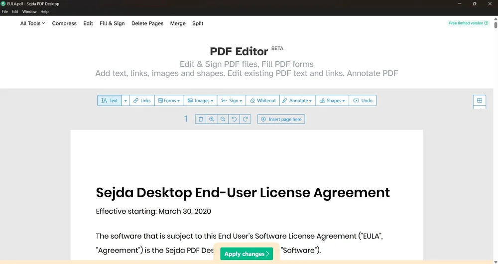Интерфейс Sejda PDF Desktop для редактирования PDF в Linux