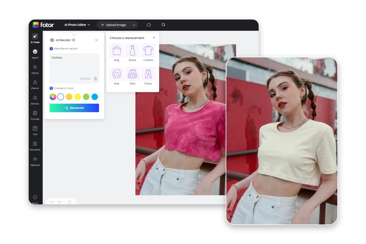 Интерфейс Fotor AI Recolor для изменения цвета одежды