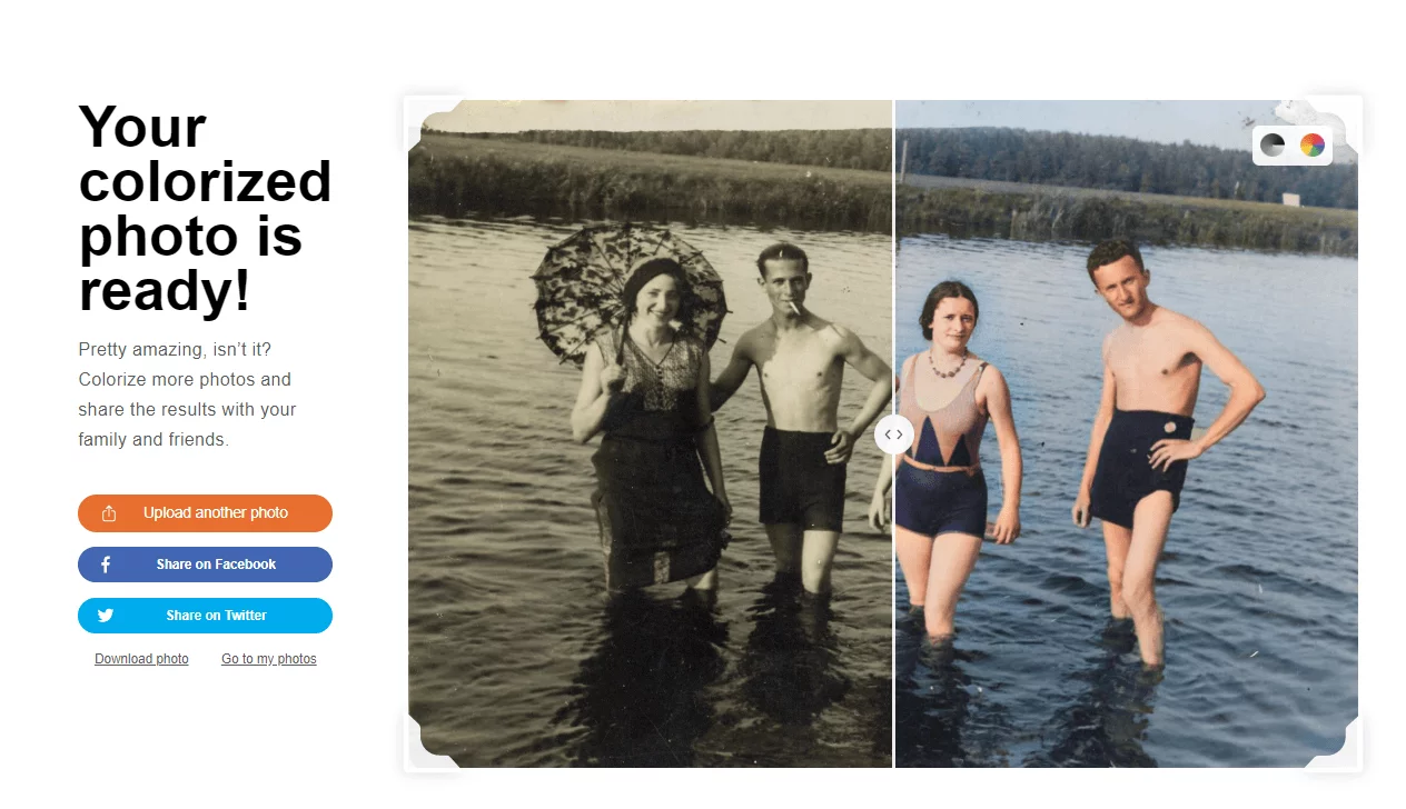Интерфейс MyHeritage In Color после автоматической колоризации фотографии