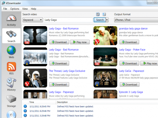 VDownloader: поиск видео и выбор выходного формата