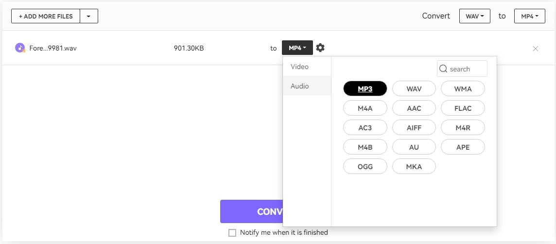 Media.io: окно онлайн-конвертера с выбором выходного аудиоформата