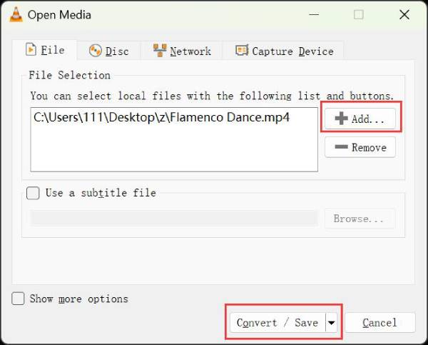 Окно Open Media VLC с кнопками Add и Convert Save