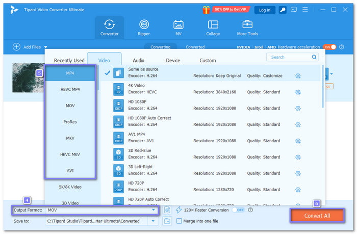 Tipard Video Converter Ultimate: выбор выходного формата после обработки