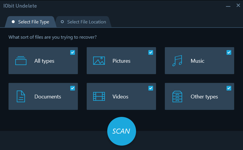 Выбор типов файлов в IObit Undelete