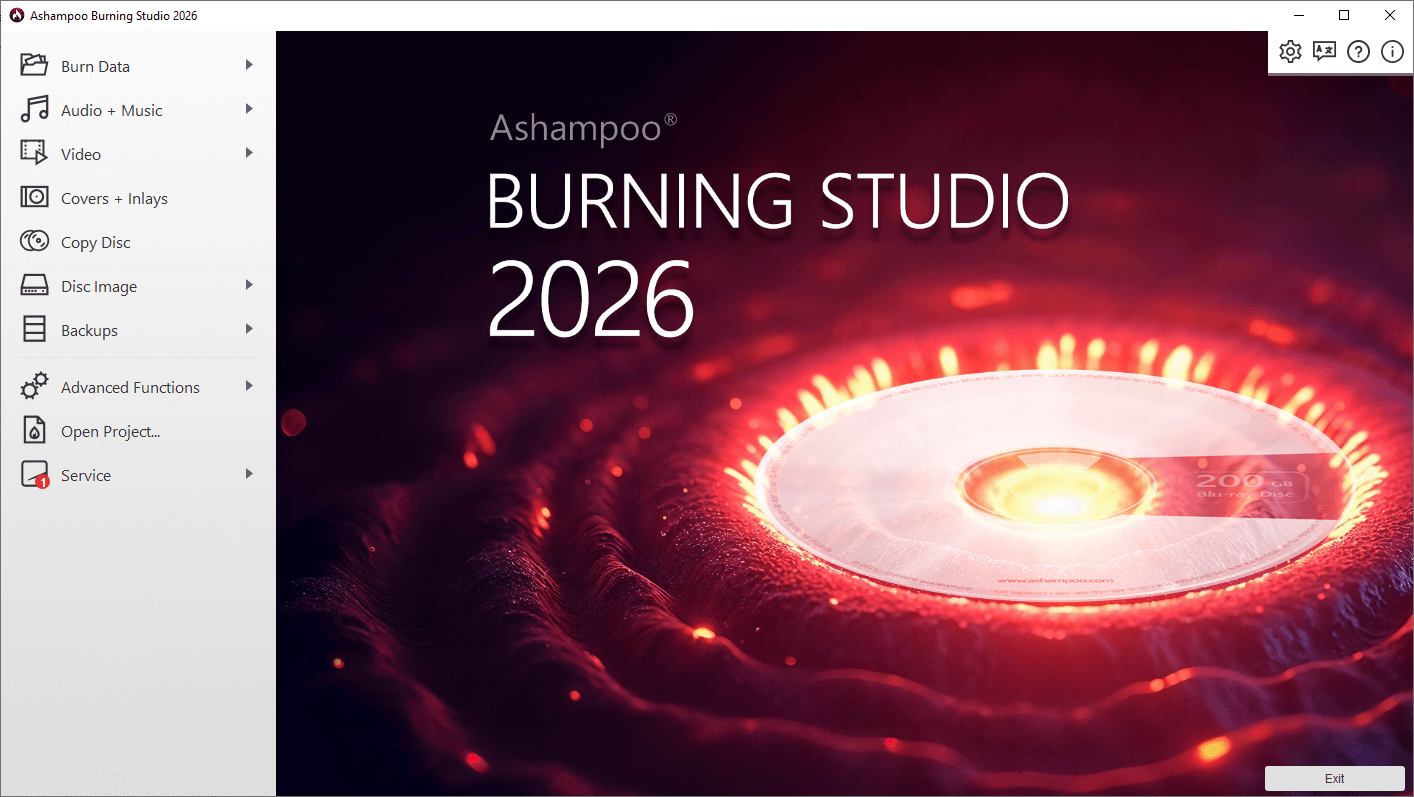 Ashampoo Burning Studio: стартовый экран с разделами для записи дисков