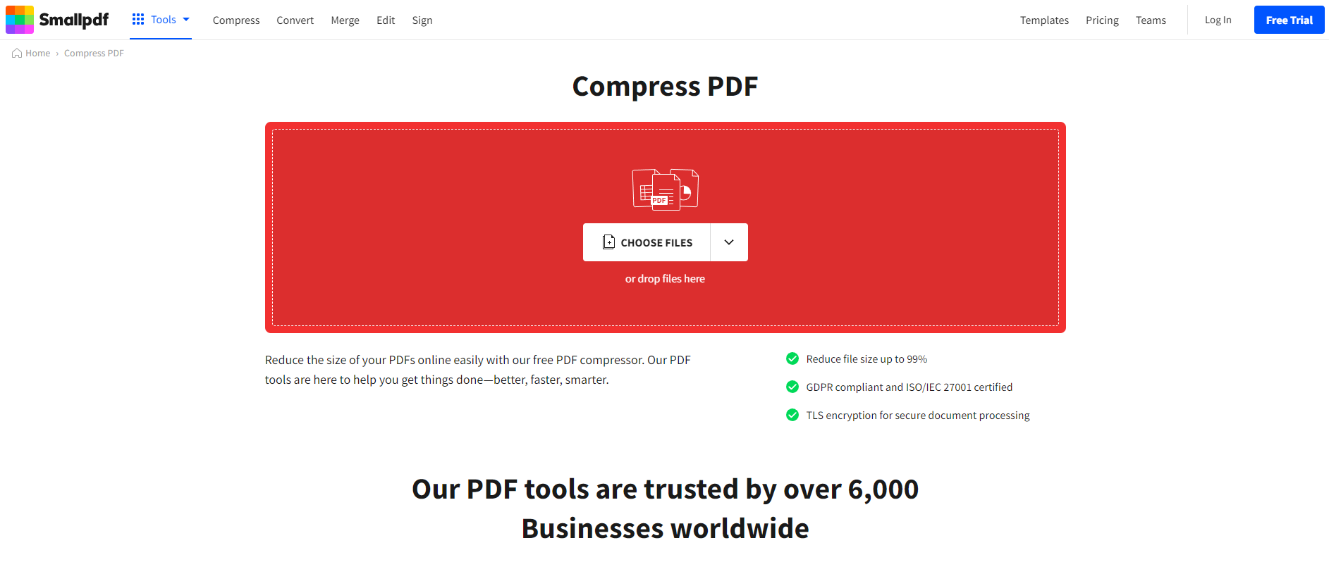 Интерфейс Smallpdf для операций с PDF